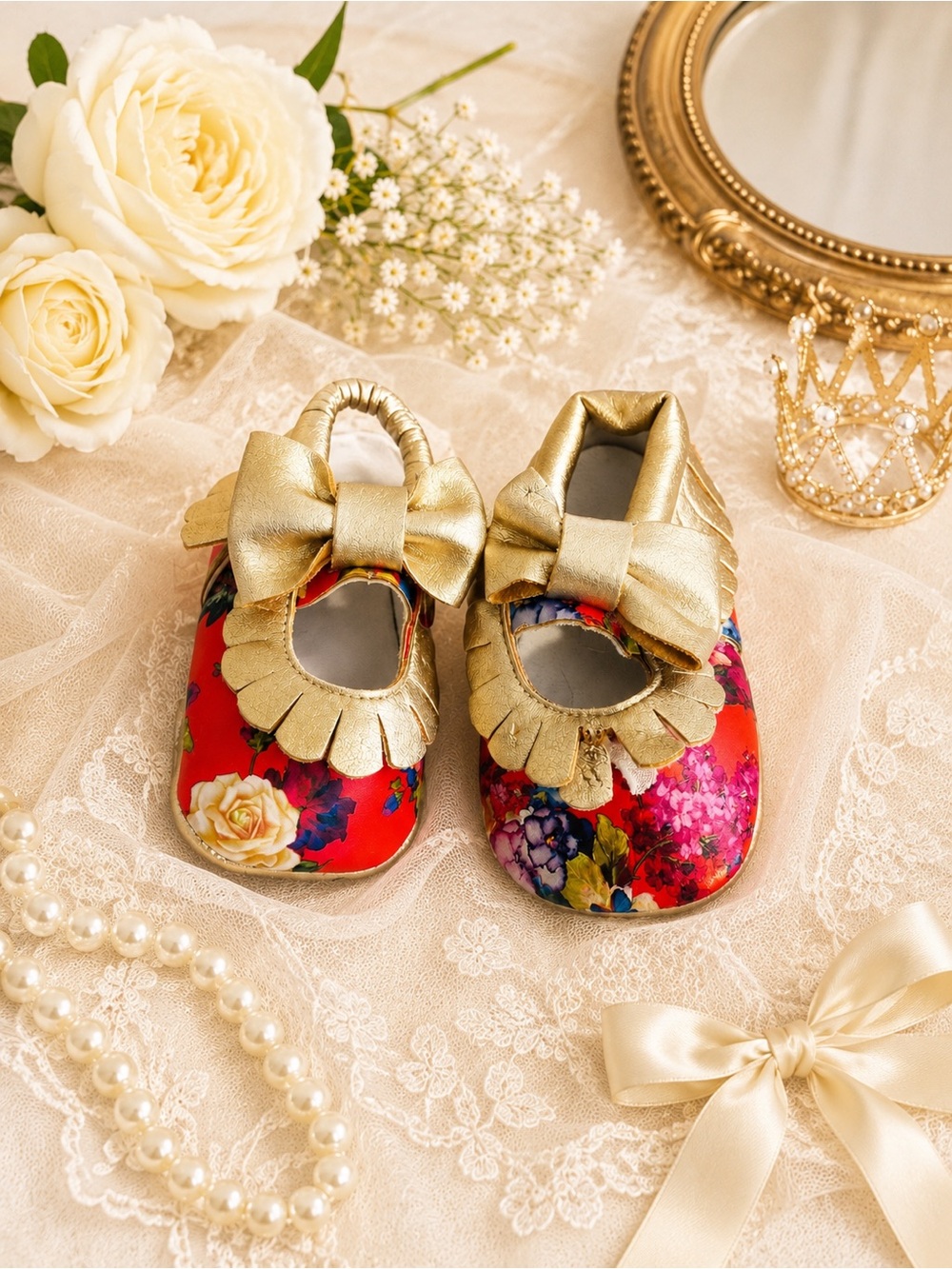 Infant Floral Bow Shoes Gold Trim No Size Marked Read Description